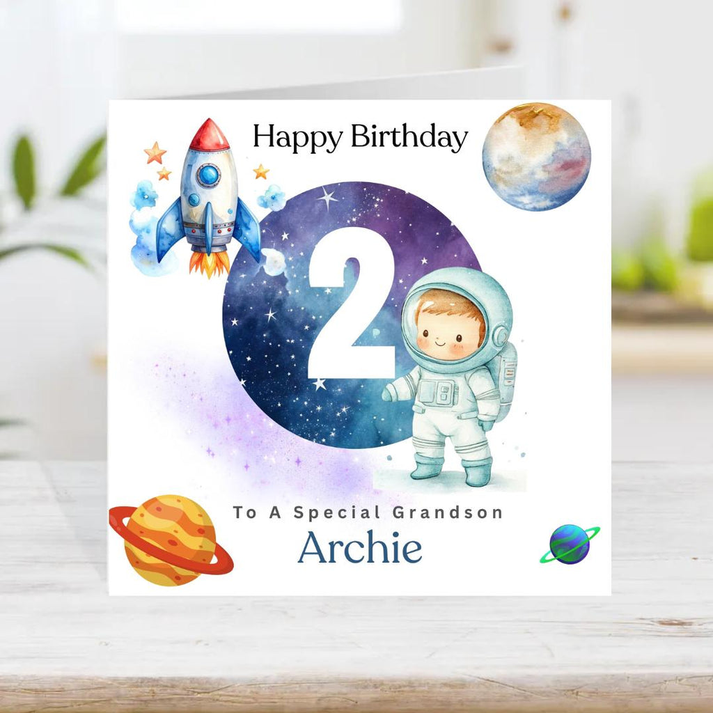 Personalized Kids Space Birthday Card, Astronaut Rocket number card