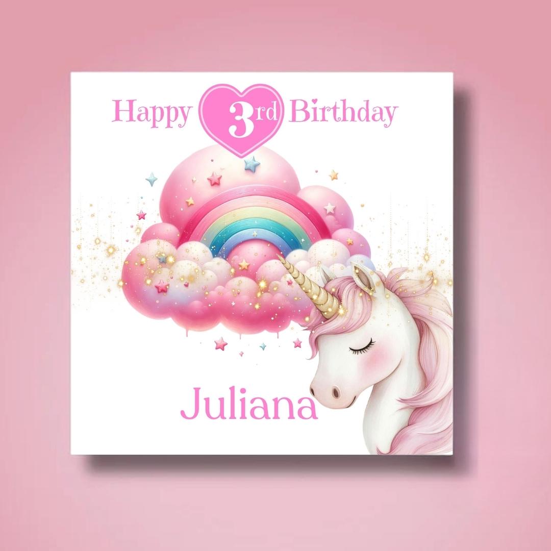 Personalized Unicorn 3rd Birthday Card For daughter, granddaughter, niece, - cloud rainbow gold dust magical