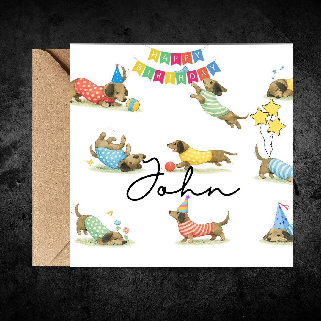 Personalized Sausage Dog Dachshund Birthday Card, Watercolor Wiener Dog Card With Custom Name