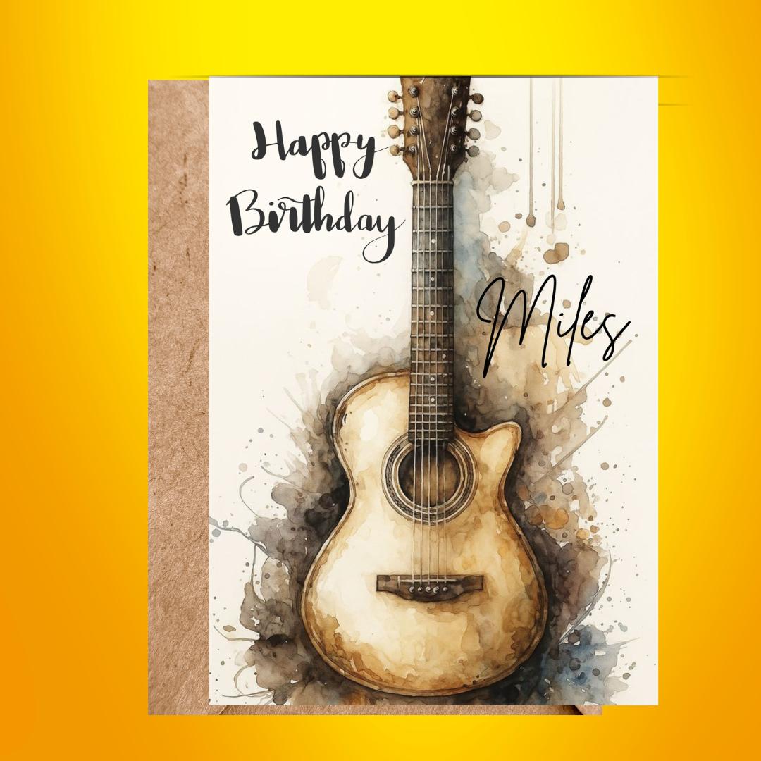 Music Birthday Card, Personalised Name Guitar Design Card for Brother, Friend, Son, Grandson