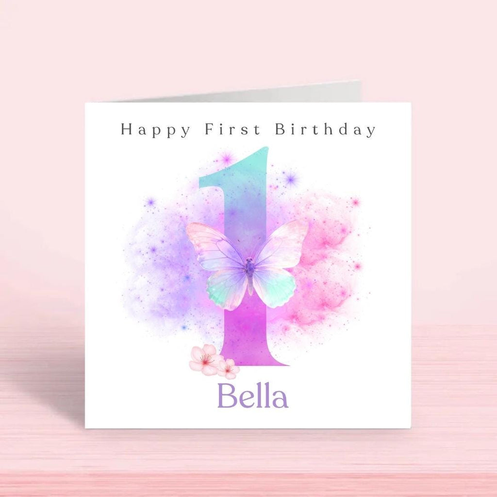 Personalized 1st Birthday Card For Granddaughter, Rainbow Butterfly Floral Design Age Birthday Cards