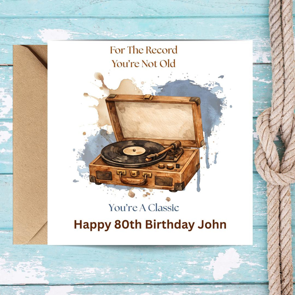 Funny 80th Birthday Card For Husband, Dad, Grandpa, Uncle - Record Player Humour Greeting Cards