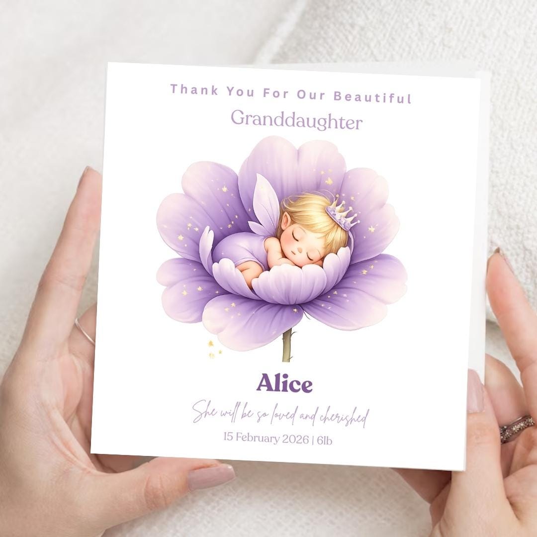 Personalized Granddaughter Card, Baby Girl Welcome, Purple Flower Design