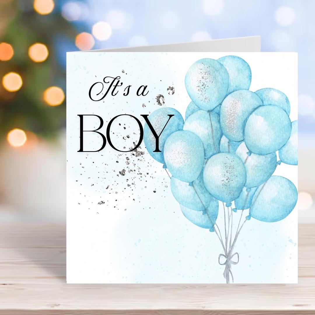 It's a Boy Card, Blue Balloons New Baby Greeting, Welcome Gift