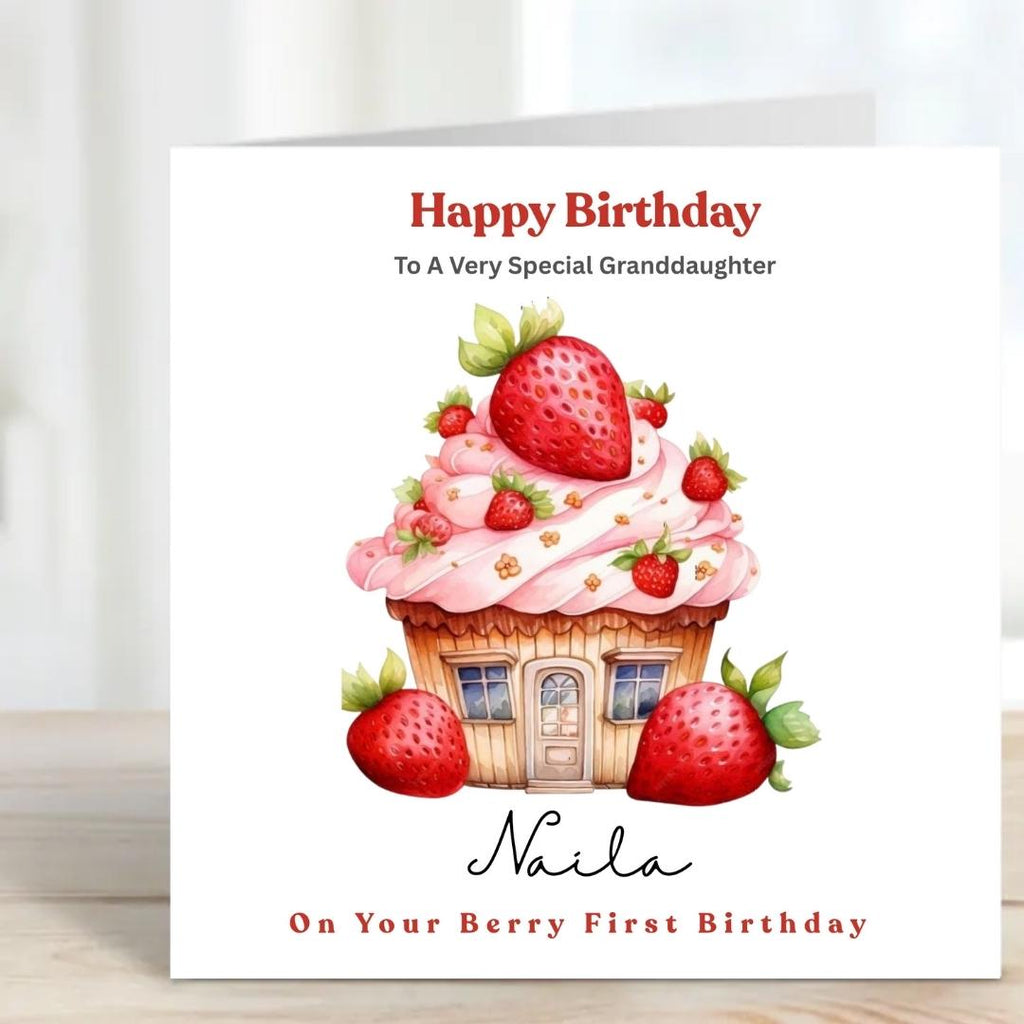 Personalized Berry 1st Birthday Card For Granddaughter, Daughter First Birthday Cards, Strawberry Number One
