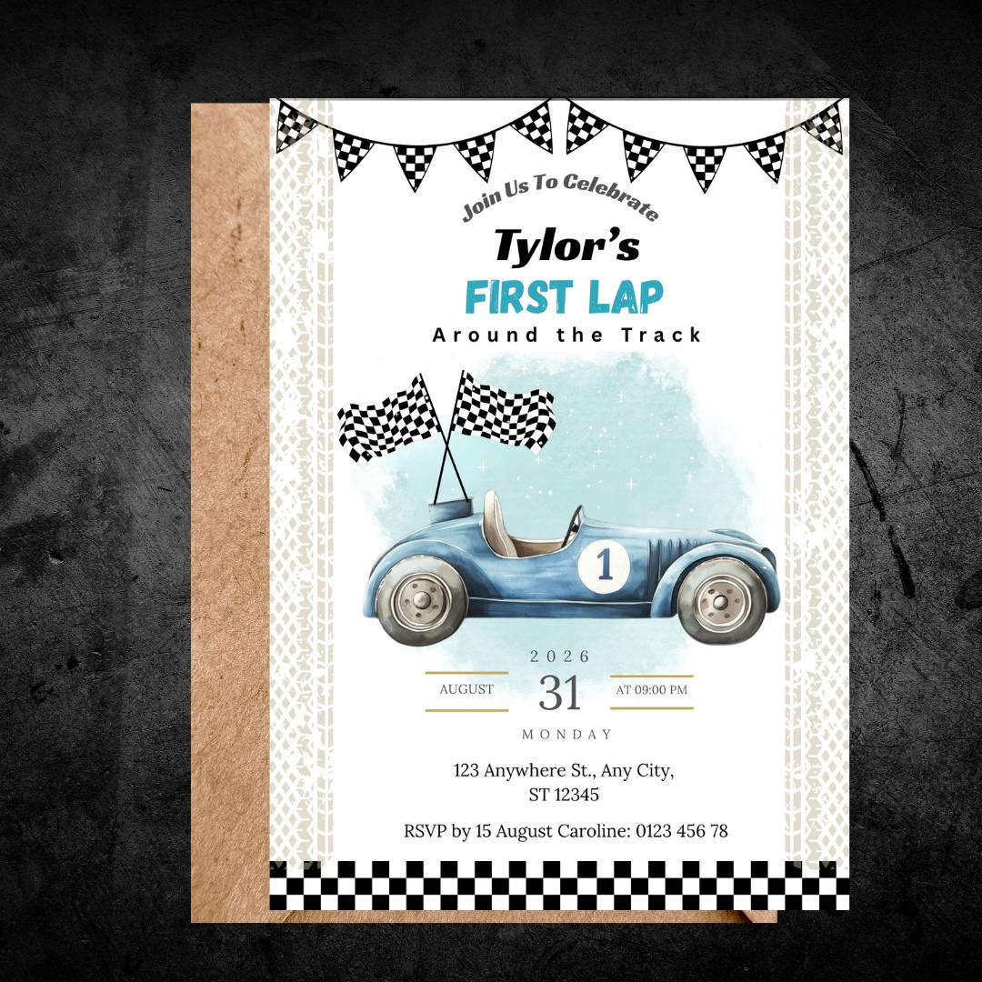 Race Car First Birthday Invitation Boy, | “First Lap” Racing Theme Invite | Editable Digital Printable 1st Birthday Invitation
