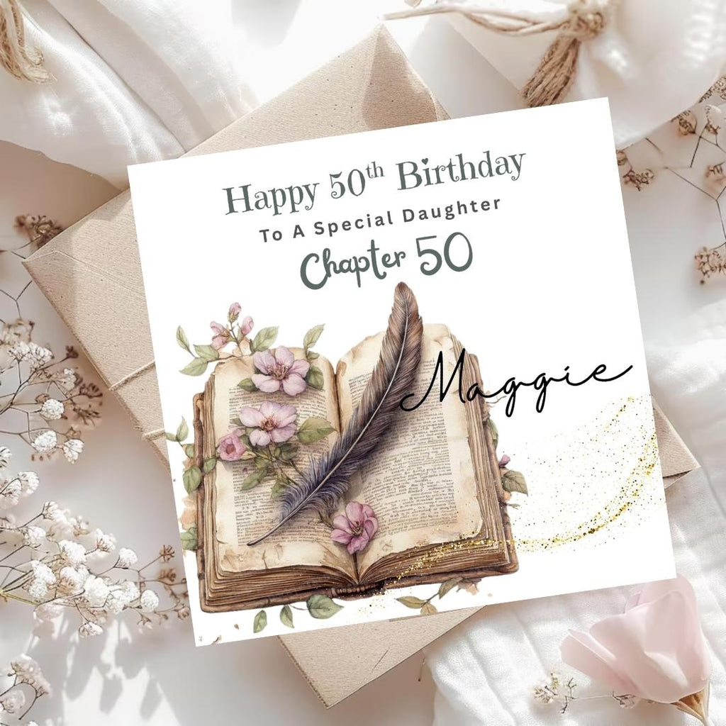 Personalized 50th Birthday Card, Daughter Chapter 50 Open Book Floral Design