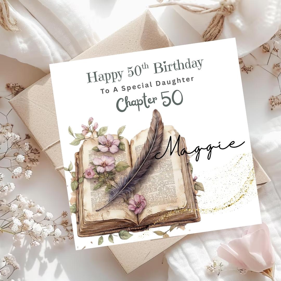 Personalized 50th Birthday Card, Daughter Chapter 50 Open Book Floral Design