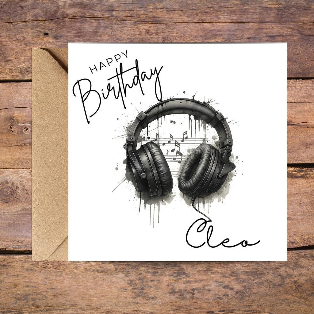 Personalized Music Lover DJ Birthday Card, Vinyl Headphones Custom Name, Unisex Teen Birthday Cards