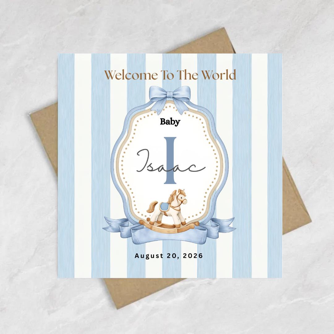 Personalised Baby Boy Welcome Card, Custom Name Initial, Newborn Congratulations