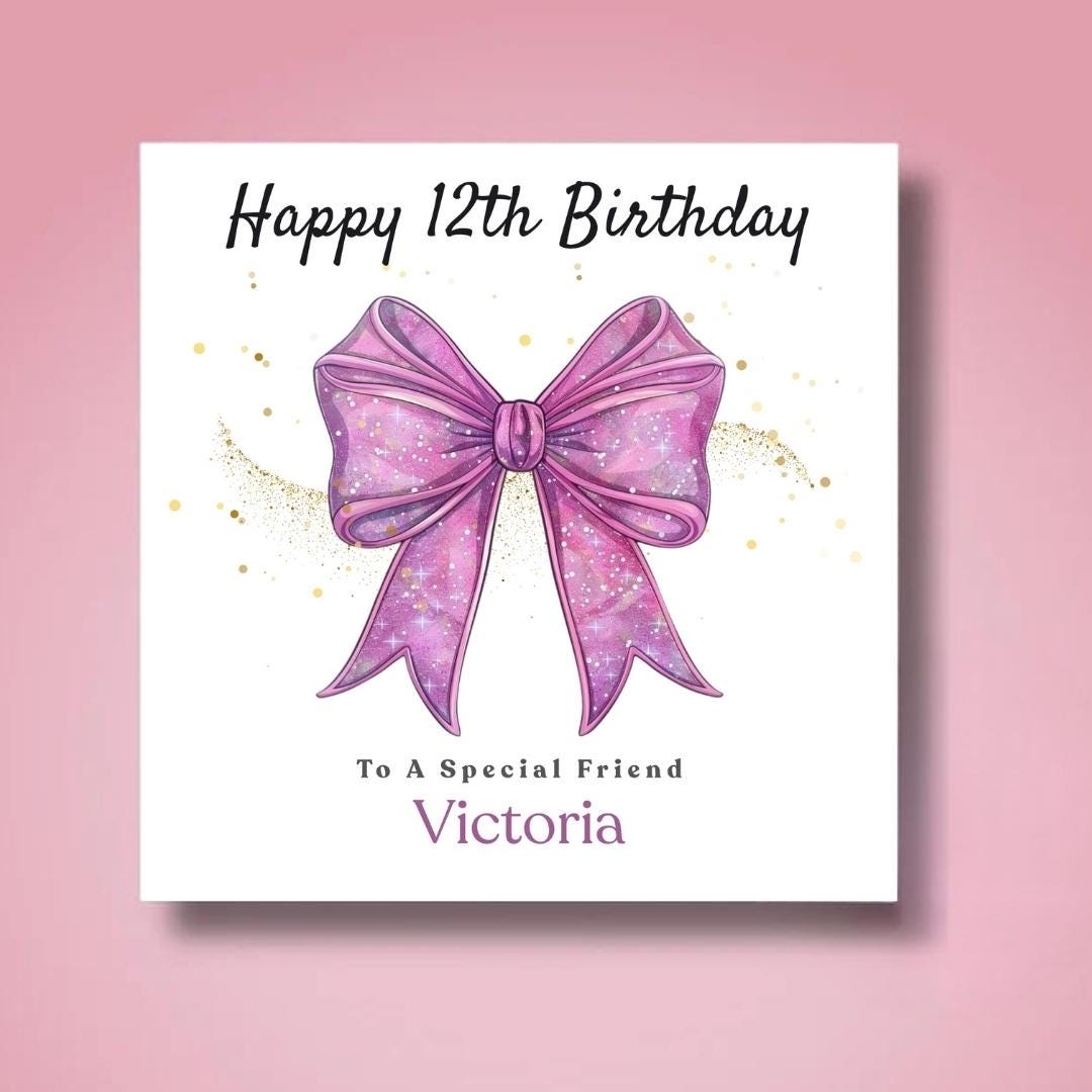 Personalized 12th Birthday Card, Pink Coquette Bow, Gold Sparkles, Daughter Sister Keepsake