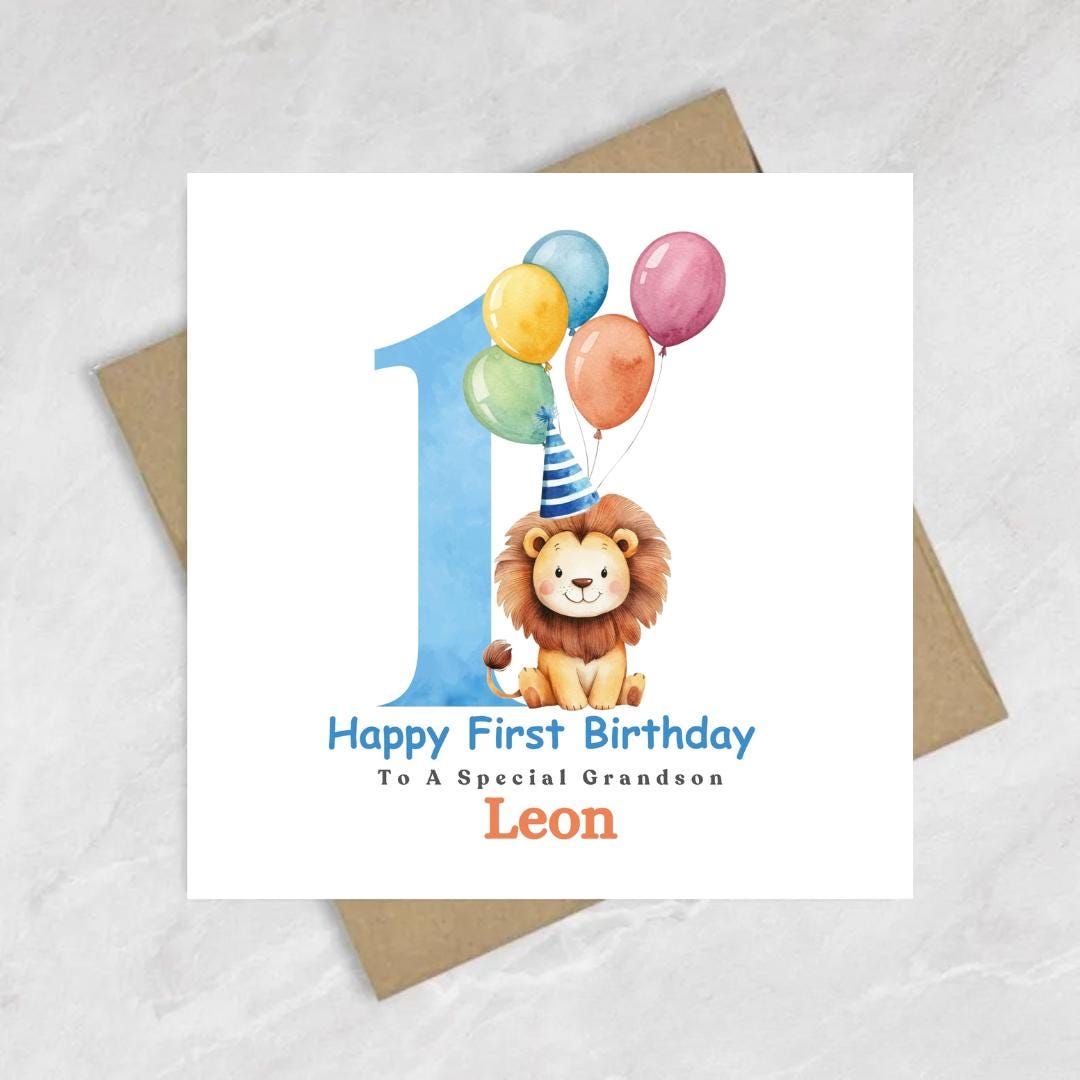 Personalised 1st Birthday Card for Grandson, First Birthday Lion Card, Custom Relationship & Name, 1 Year Old Cards