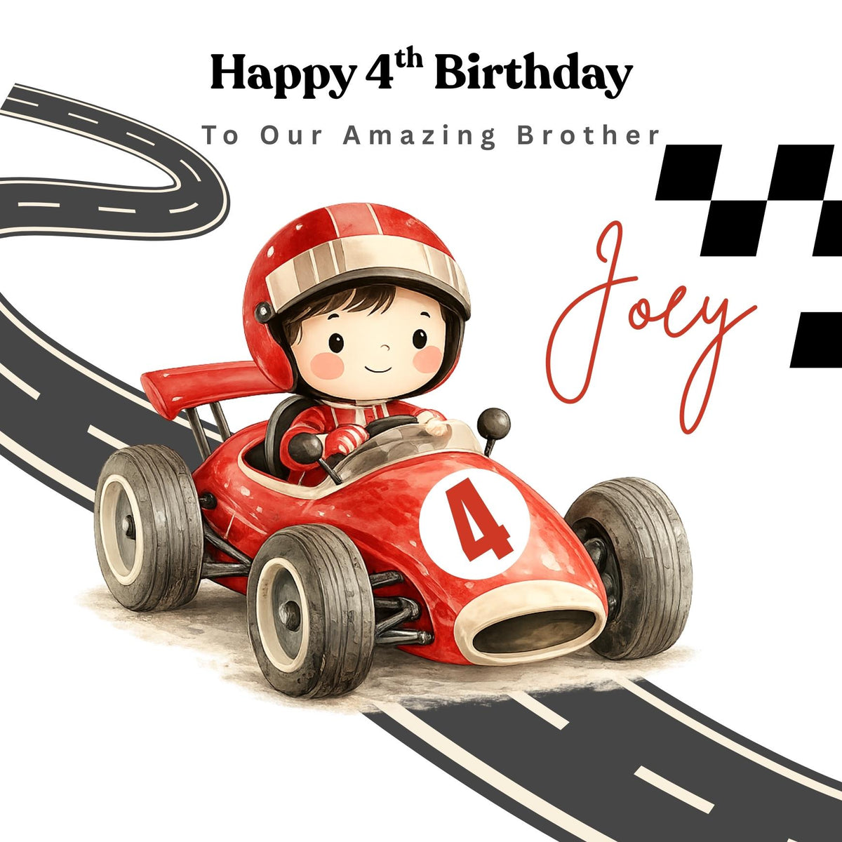 Hot Wheels Car Birthday Card For Son 4 Years, Custom Name Boys Racing Cards