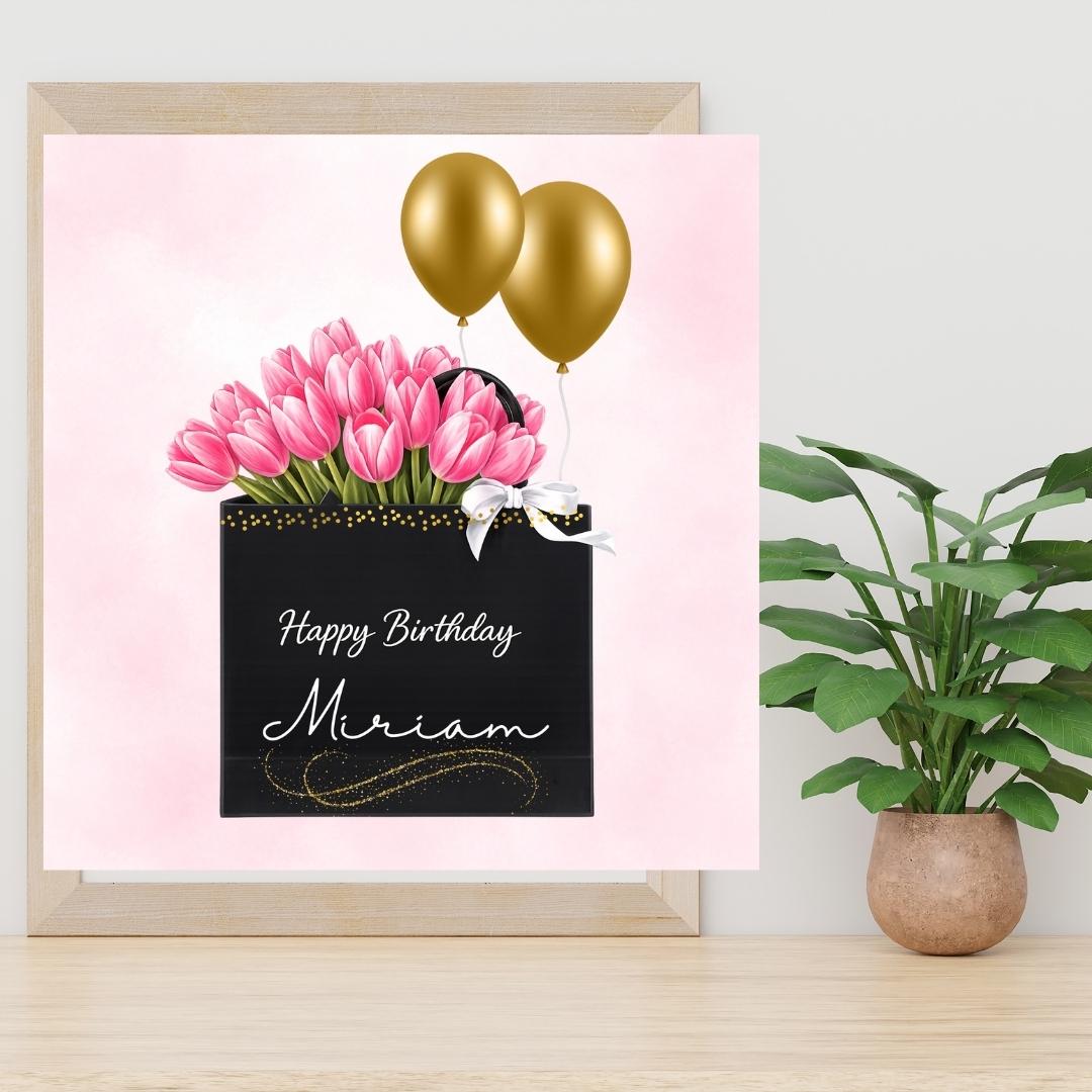 Personalized Floral Pink Tulips Birthday Card, Elegant Minimalist Fashion Gift Bag Greeting For Her