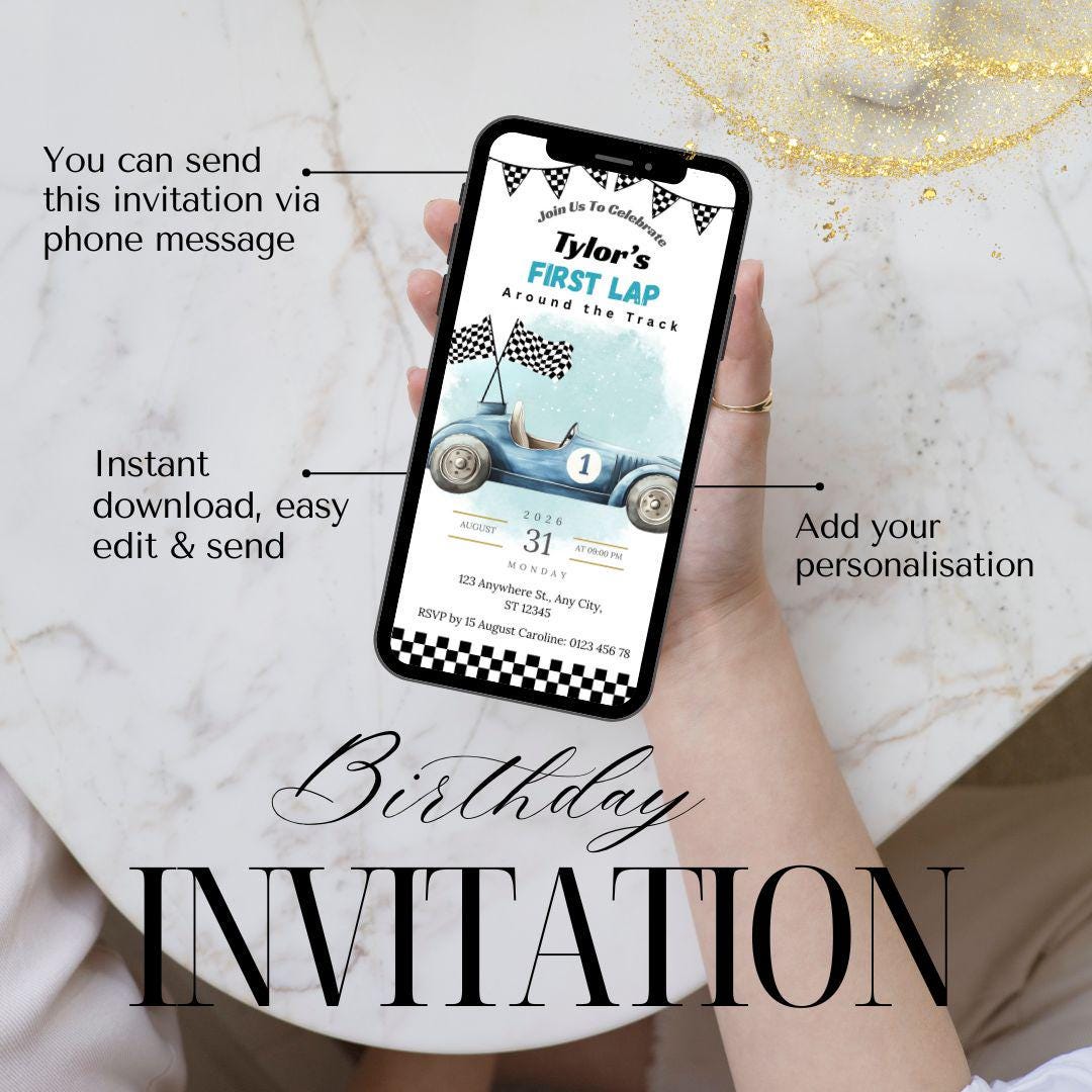 Race Car First Birthday Invitation Boy, | “First Lap” Racing Theme Invite | Editable Digital Printable 1st Birthday Invitation