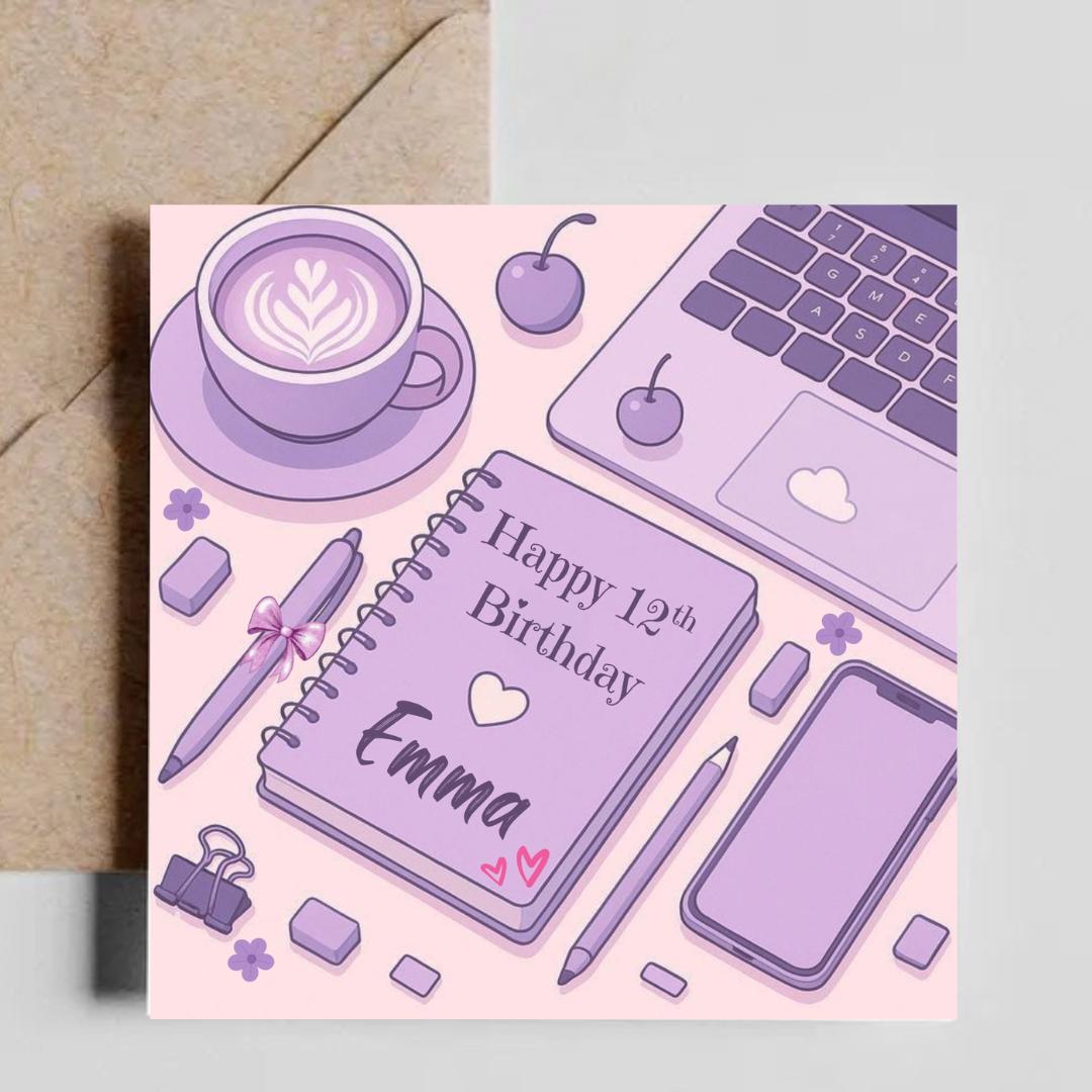 Personalized 12th Birthday Card, Girly Purple, Daughter Sister Granddaughter