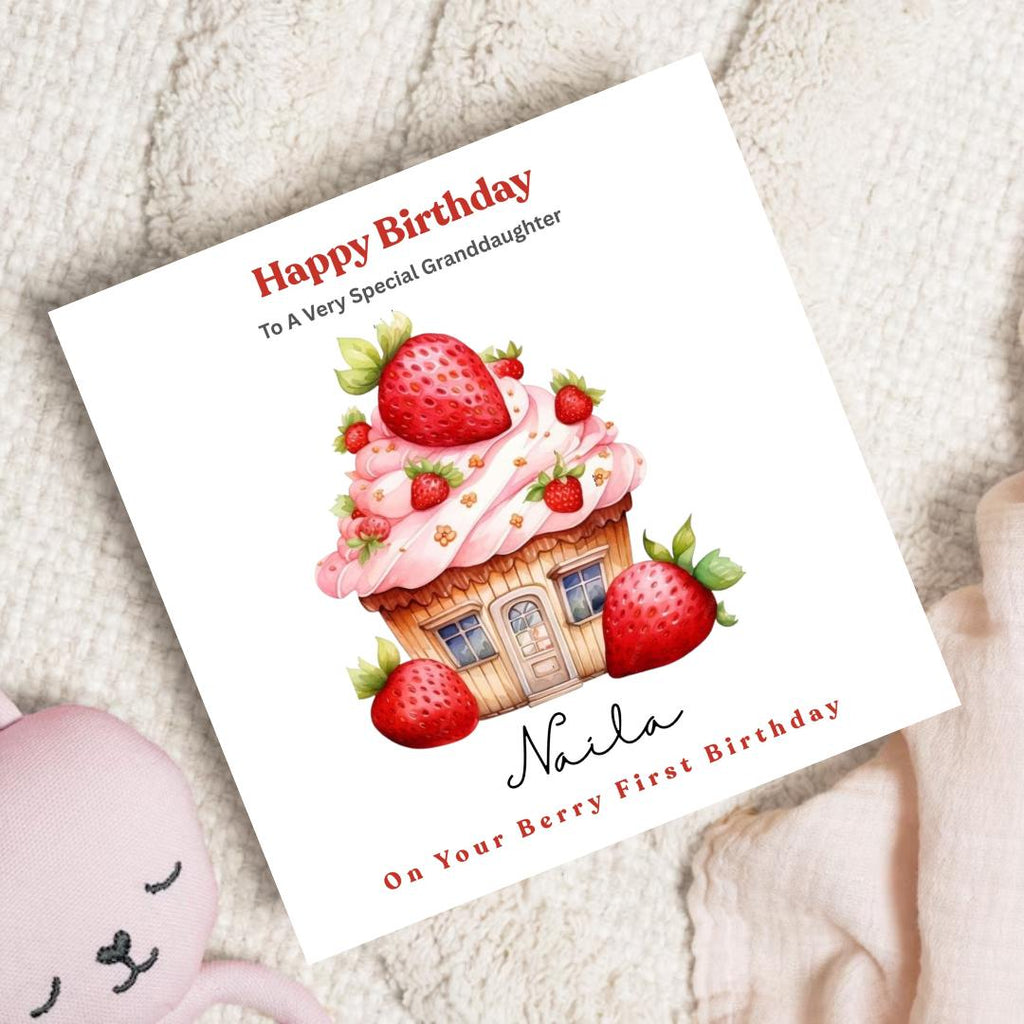 Personalized Berry 1st Birthday Card For Granddaughter, Daughter First Birthday Cards, Strawberry Number One