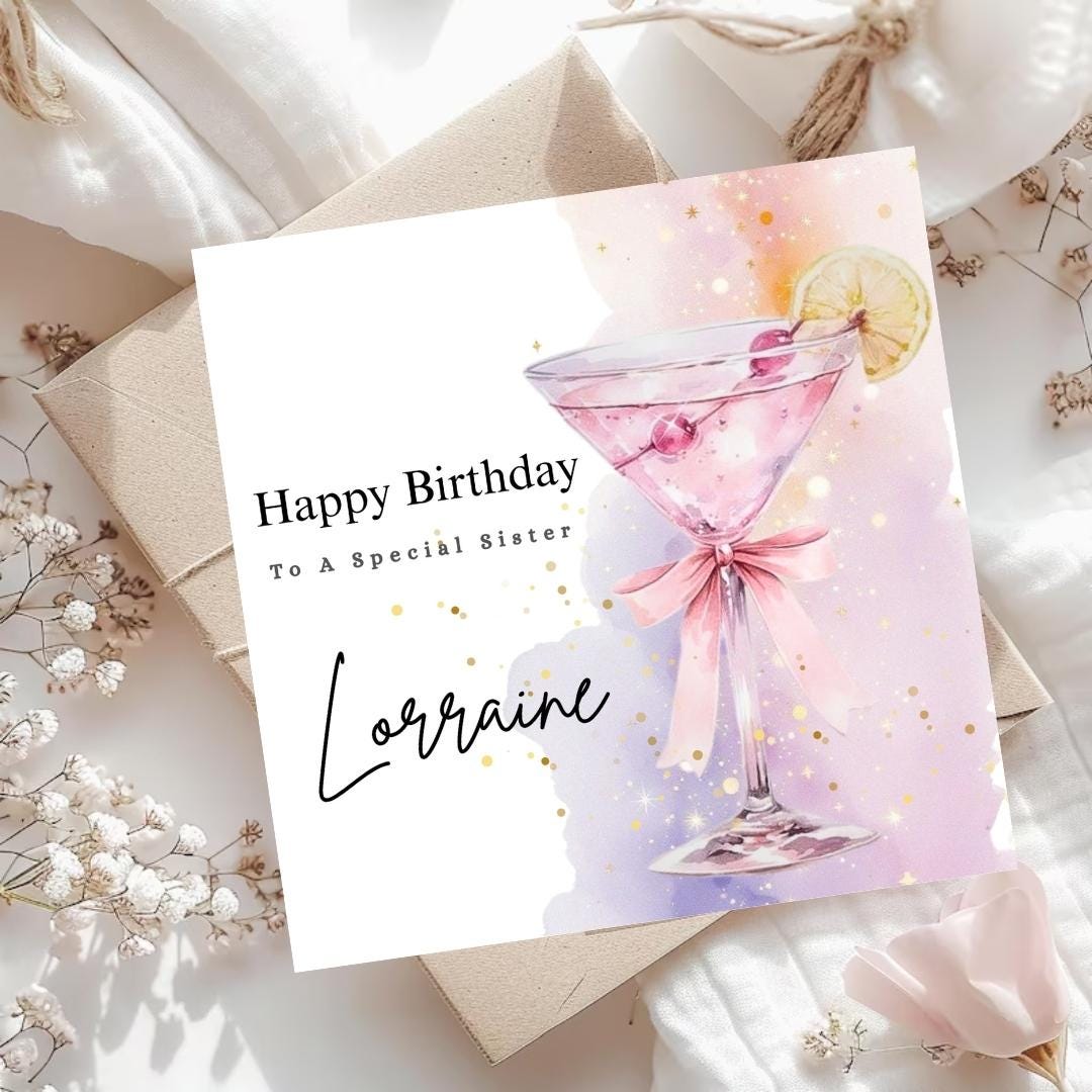 Personalized Cocktail Glass Birthday Card – Custom Name Card For Sister, Mum, Friend, Cousin, Female