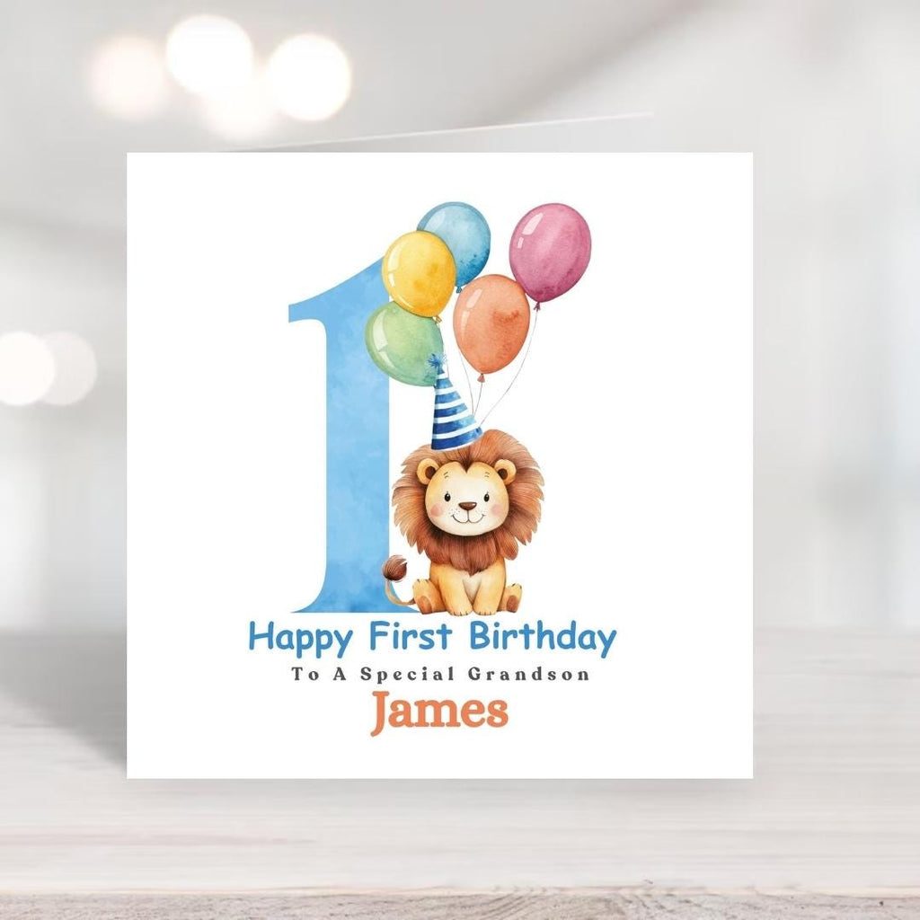 Personalised 1st Birthday Card for Grandson, First Birthday Lion Card, Custom Relationship & Name, 1 Year Old Cards