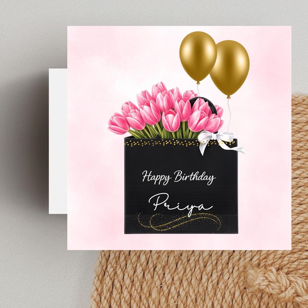 Personalized Floral Pink Tulips Birthday Card, Elegant Minimalist Fashion Gift Bag Greeting For Her