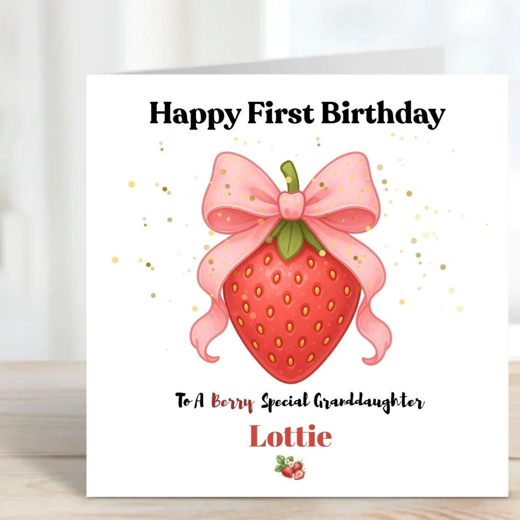 Personalized Berry 1st Birthday Card For Granddaughter, Strawberry Coquette Bow Design Daughter Cards