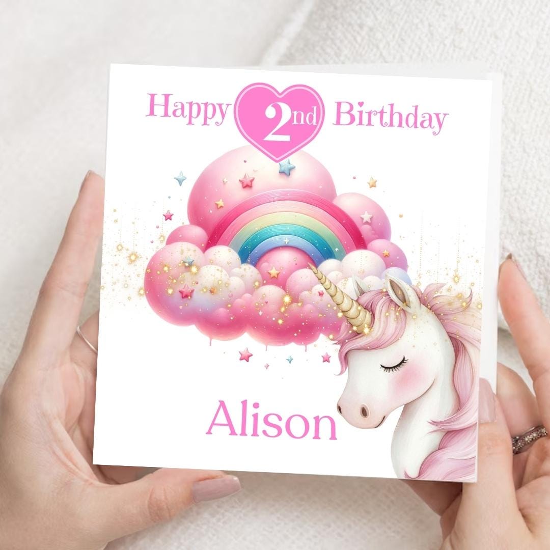 Personalized Unicorn 2nd Birthday Card For granddaughter, niece, daughter - cloud rainbow magical themed
