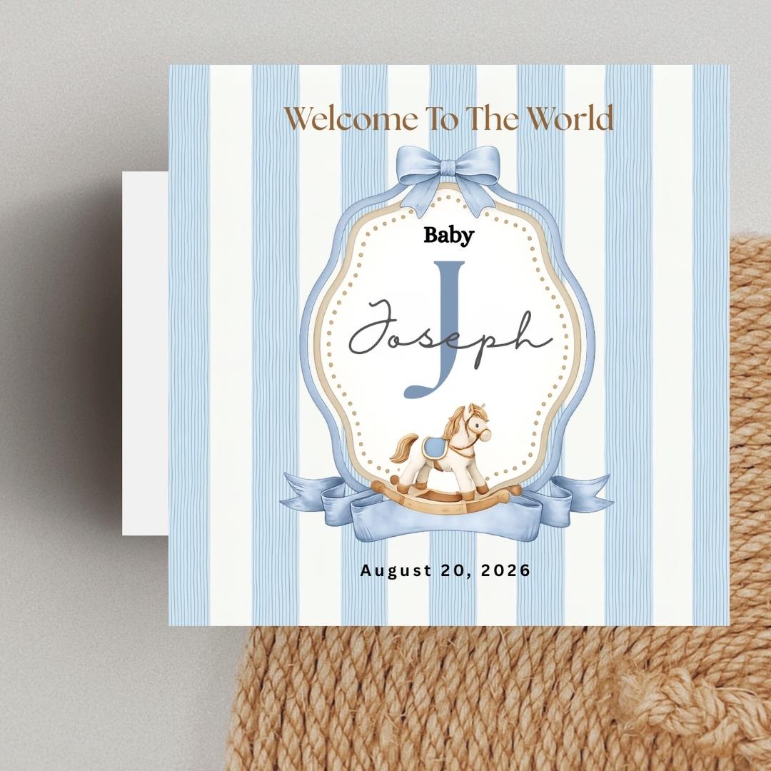 Personalised Baby Boy Welcome Card, Custom Name Initial, Newborn Congratulations