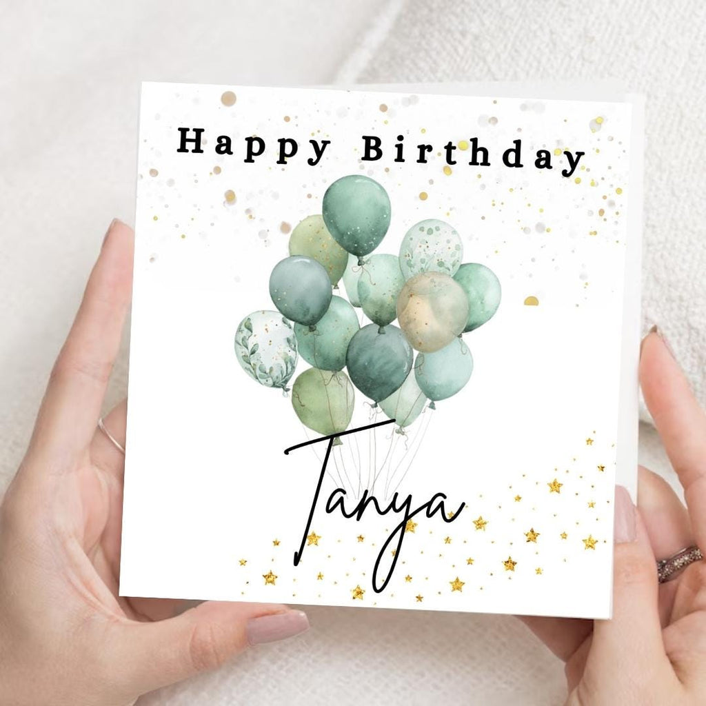Personalized Birthday Card: Custom Name Balloons, Green Minimalist Design