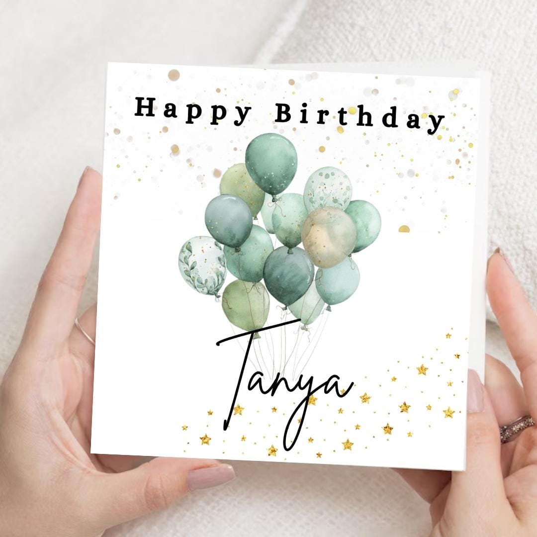 Personalized Birthday Card: Custom Name Balloons, Green Minimalist Design