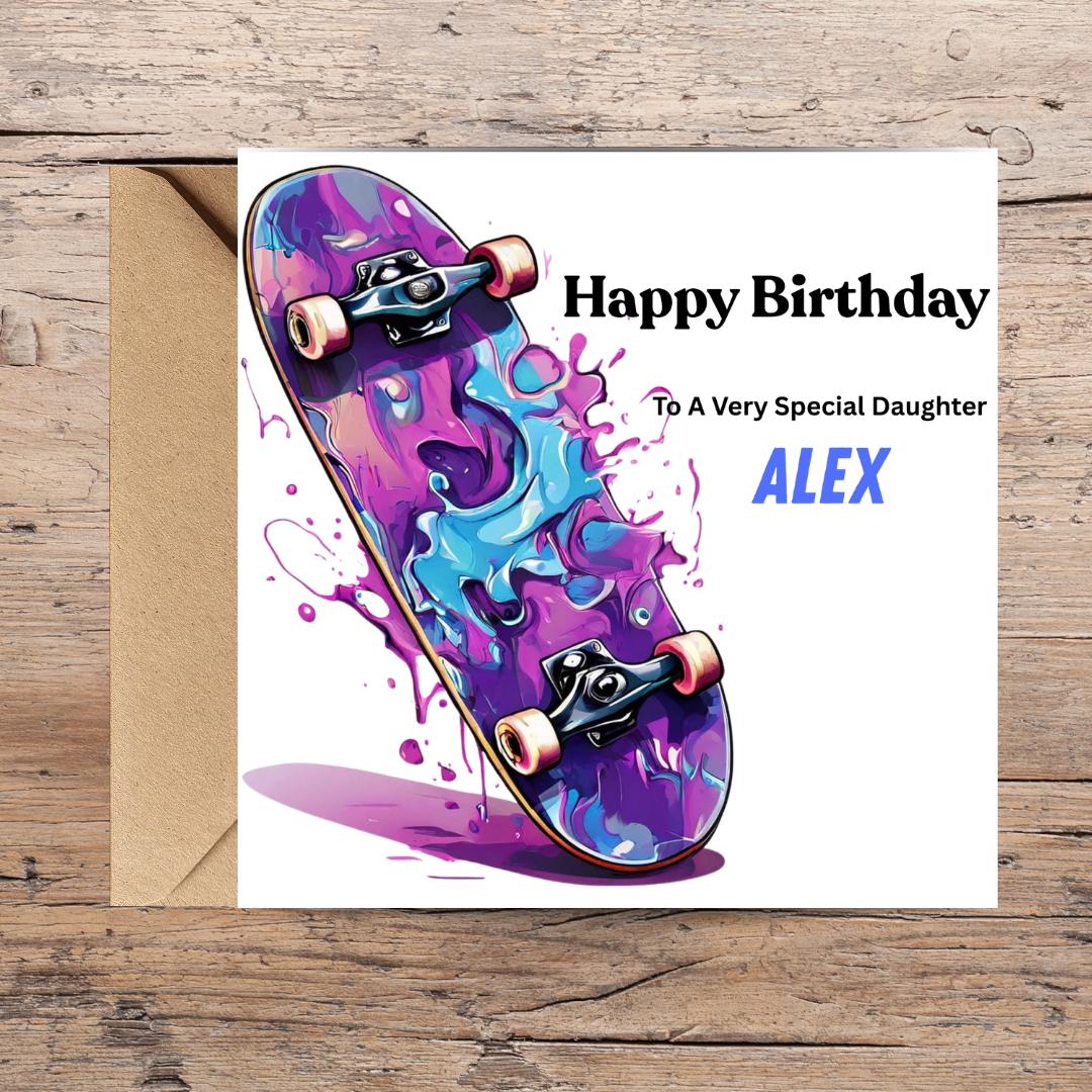 Personalized Skateboard Birthday Card, Custom Name, Watercolor Art, Teen Skater Gift