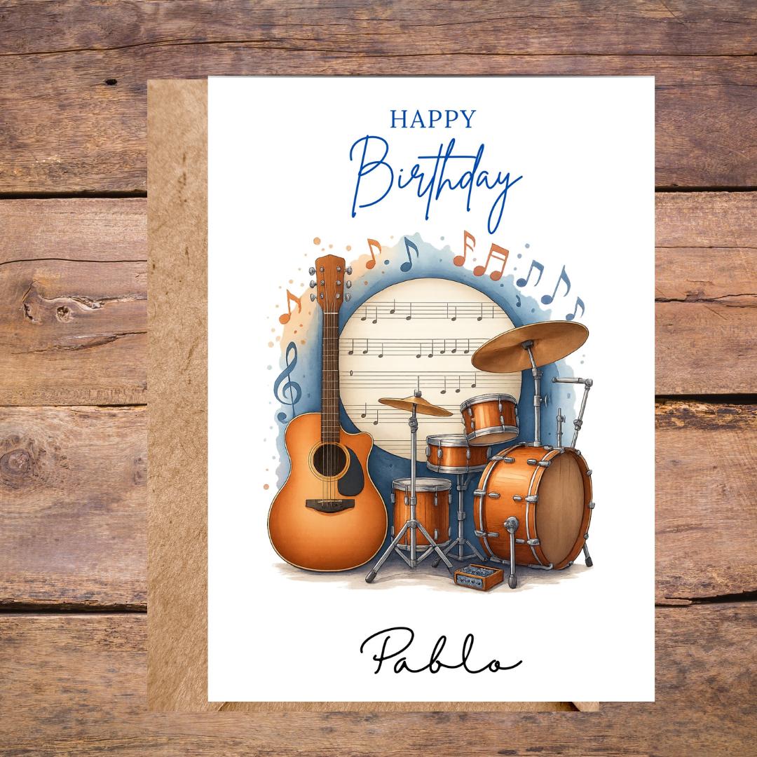 Personalized Music Birthday Card, Guitar & Drums Design Custom Name Card for Brother, Friend, Son