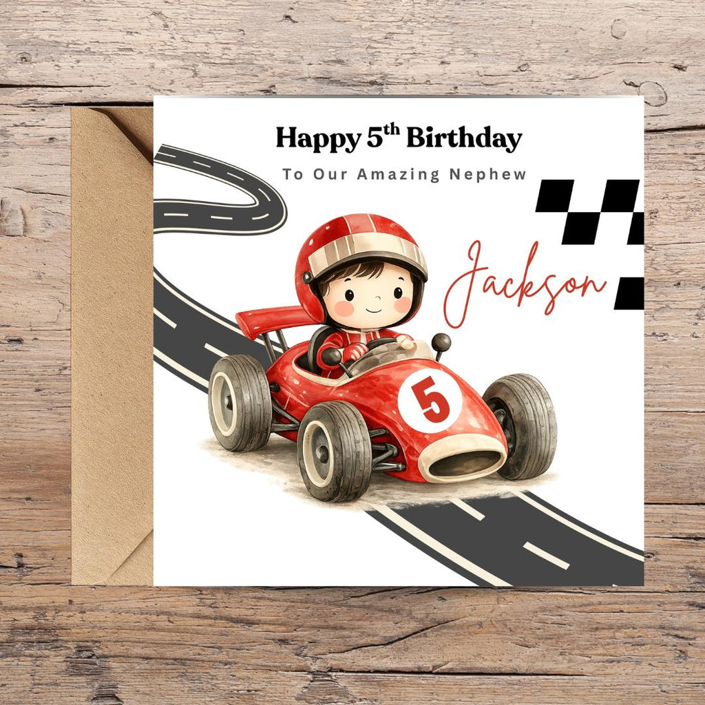 Race Car Birthday Card For Boys 5 Years, Custom Name Kid Boys Racing Cards