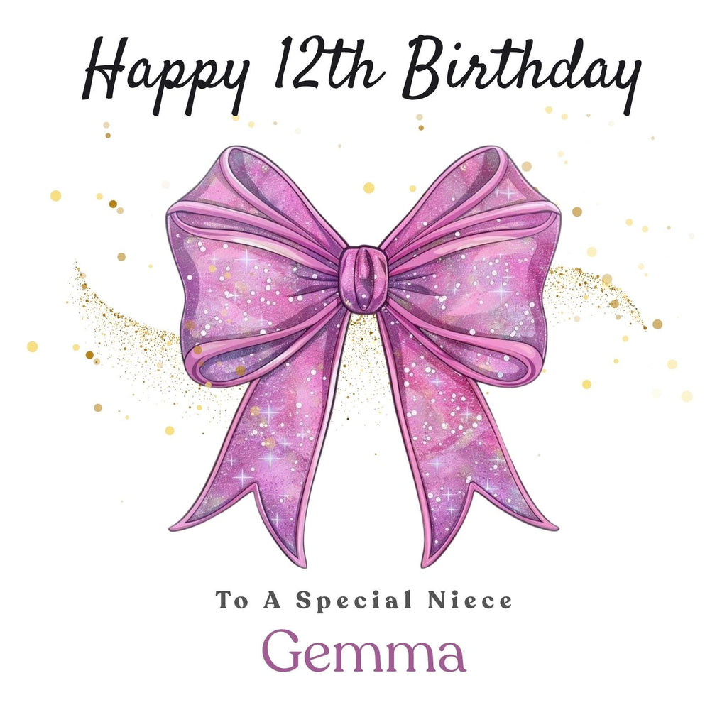 Personalized 12th Birthday Card, Pink Coquette Bow, Gold Sparkles, Daughter Sister Keepsake