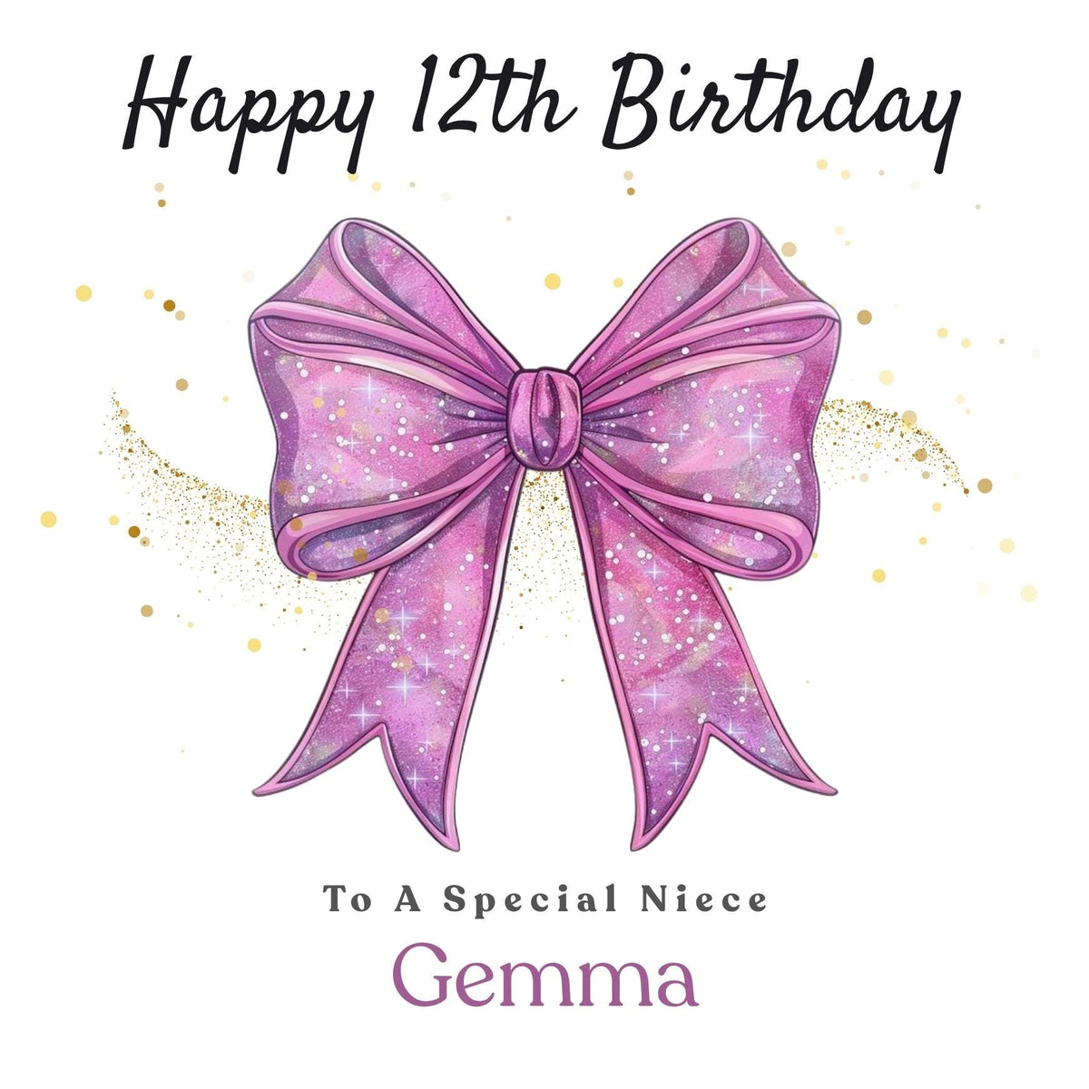 Personalized 12th Birthday Card, Pink Coquette Bow, Gold Sparkles, Daughter Sister Keepsake