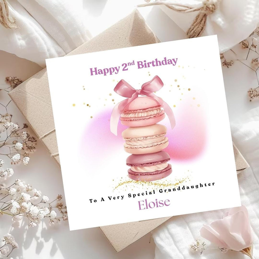 Personalized 2nd birthday card for Granddaughter, Pastel Macaroon Bow Design Baby Girl Card