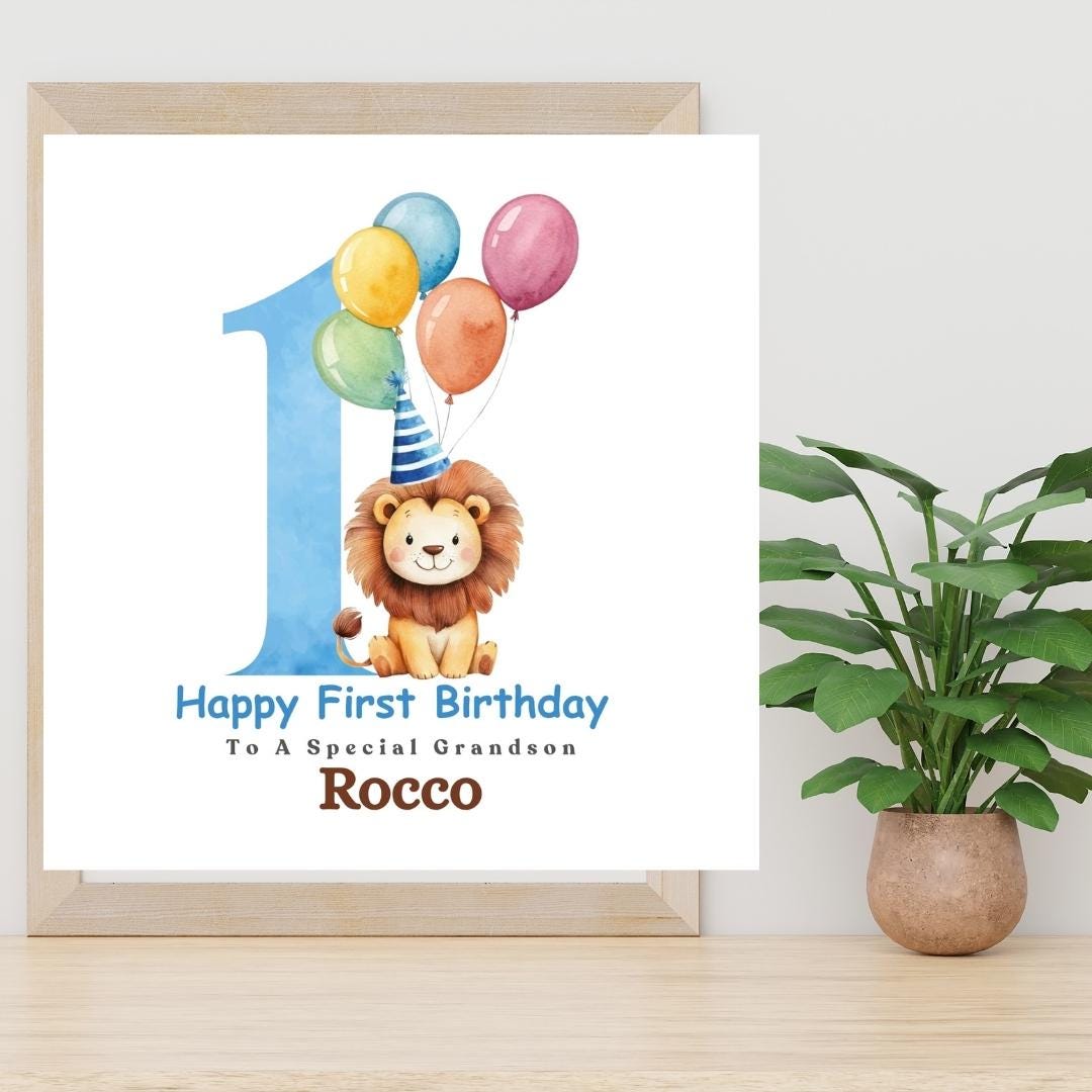 Personalised 1st Birthday Card for Grandson, First Birthday Lion Card, Custom Relationship & Name, 1 Year Old Cards