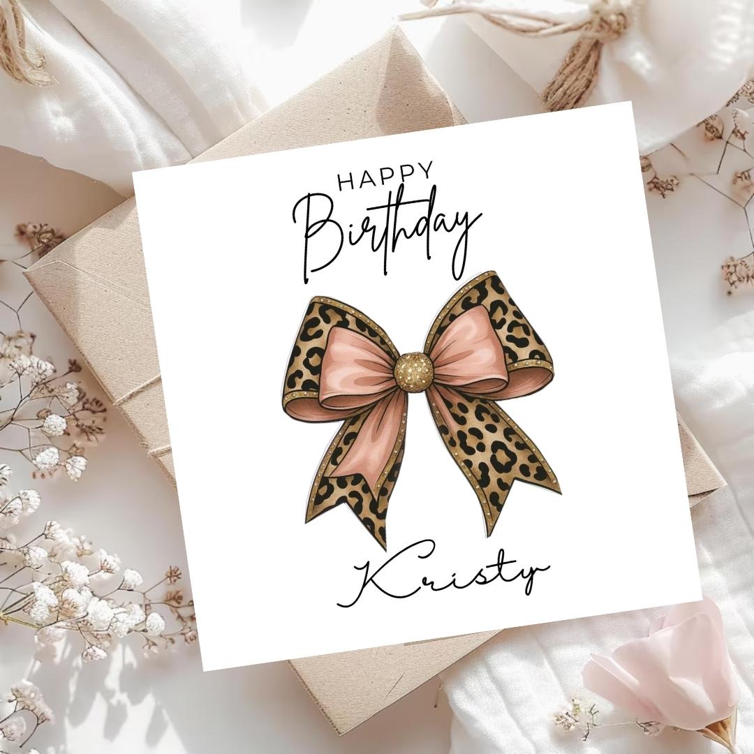 Personalized Leopard Print Birthday Card With Custom Name, Pink Bow design
