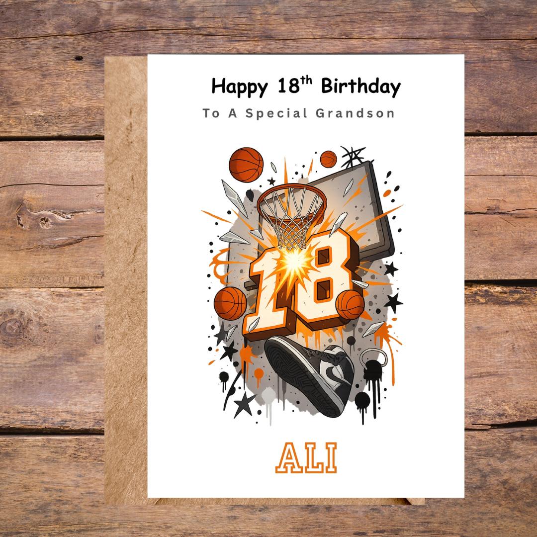 Personalized Basketball Birthday Card For Grandson Age 18, Slam Dunk Custom Name 18th Cards