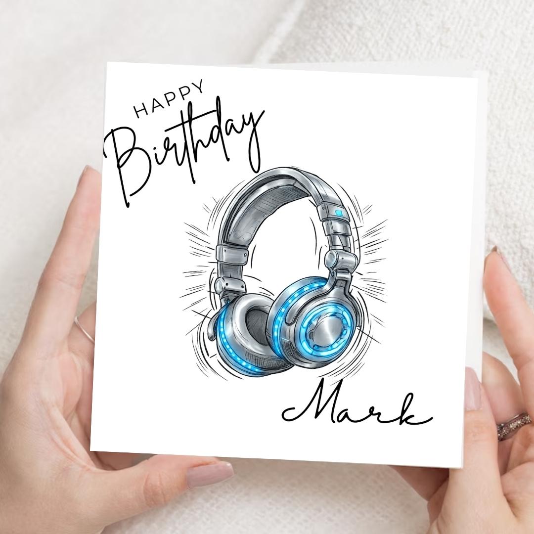 Personalized Music Lover DJ Birthday Card, Headphones Custom Name, Unisex Teen Birthday Cards