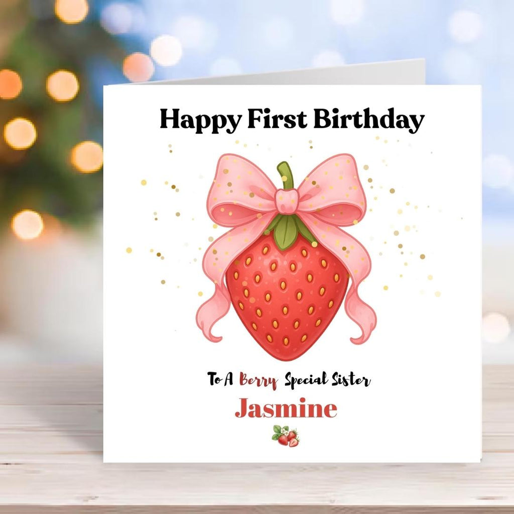 Personalized Berry 1st Birthday Card For Granddaughter, Strawberry Coquette Bow Design Daughter Cards