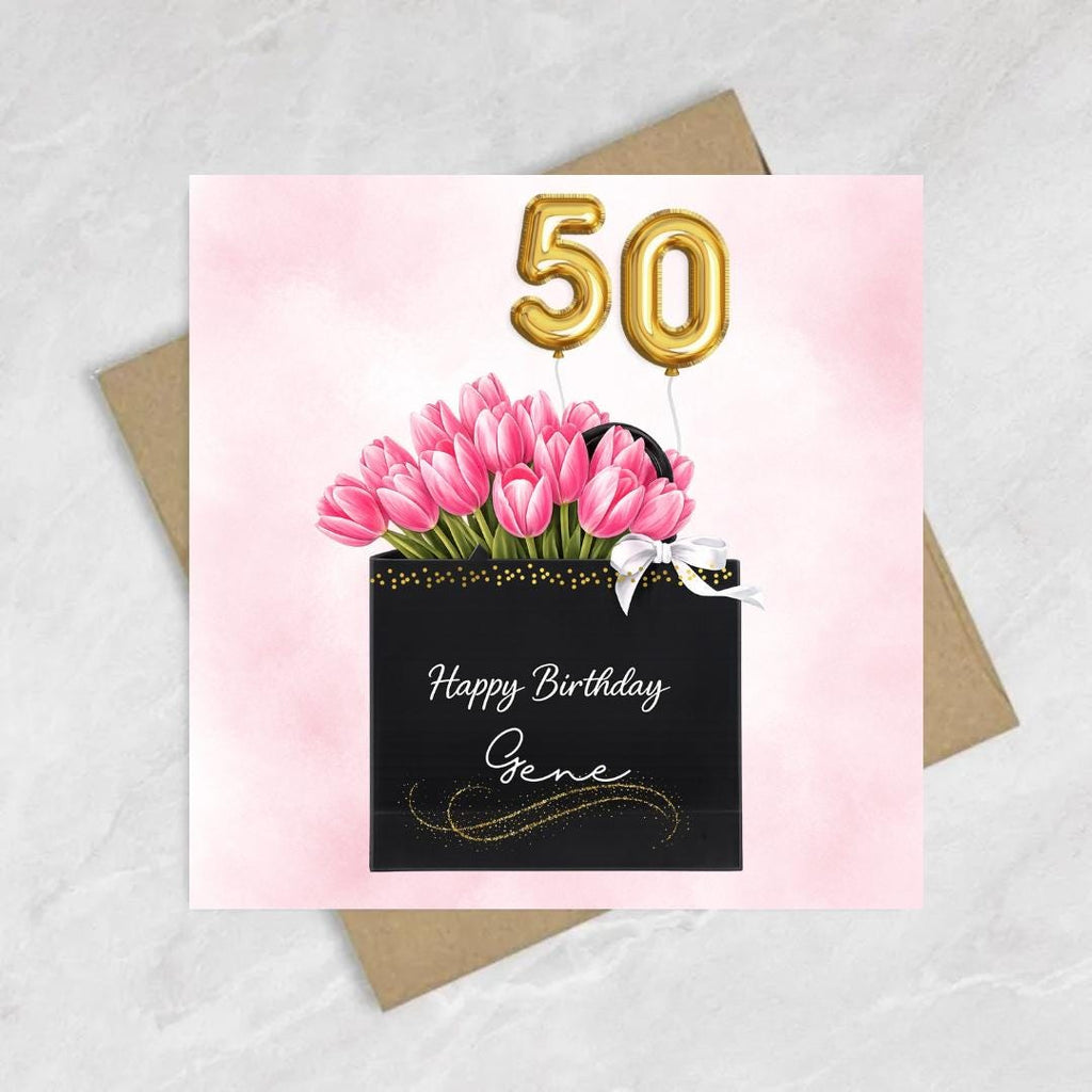 Personalized 50th Birthday Card For Her, Floral Pink Tulips Elegant Fashion Gift Bag Greeting For Her