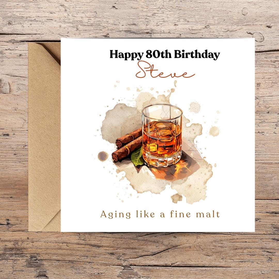 Personalized 80th Birthday Card, Whiskey Lover Funny Card for Husband, Dad, Grandpa