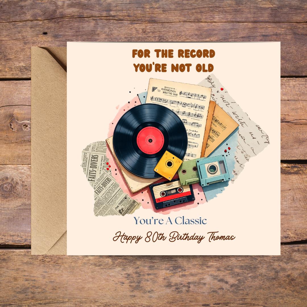 Funny 80th Birthday Card For Dad, Grandpa, Uncle, Husband - Vintage Record Player Humour Cards