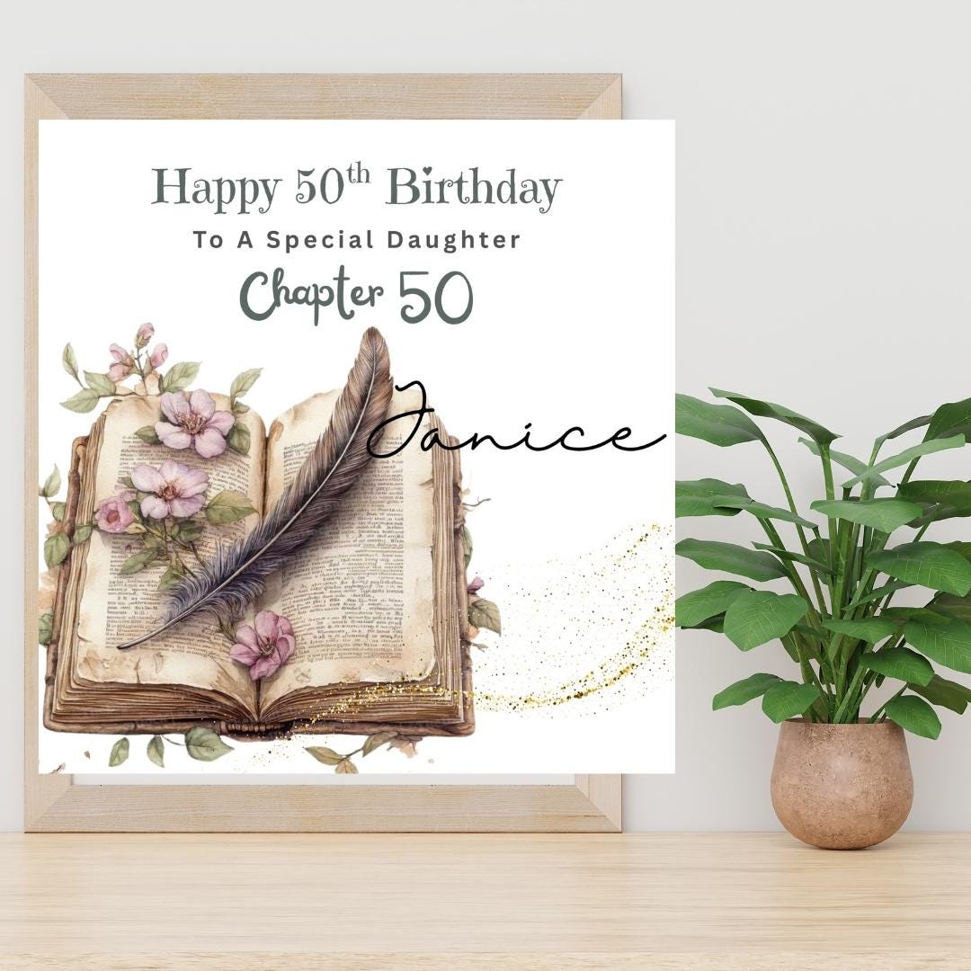 Personalized 50th Birthday Card, Daughter Chapter 50 Open Book Floral Design