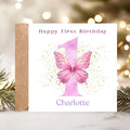 Personalized Baby Girl 1st Birthday Card, Big Number One Pink Butterfly Design