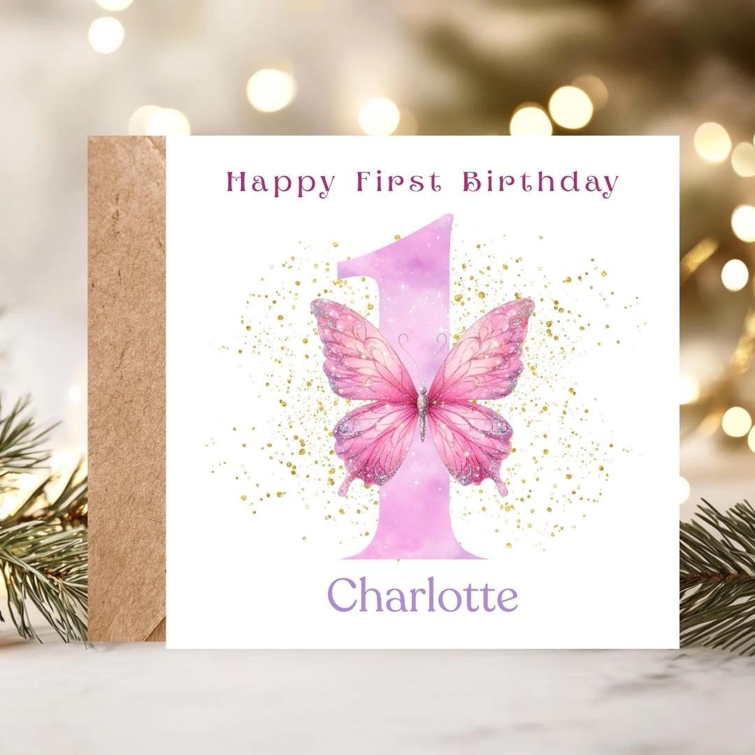 Personalized Baby Girl 1st Birthday Card, Big Number One Pink Butterfly Design