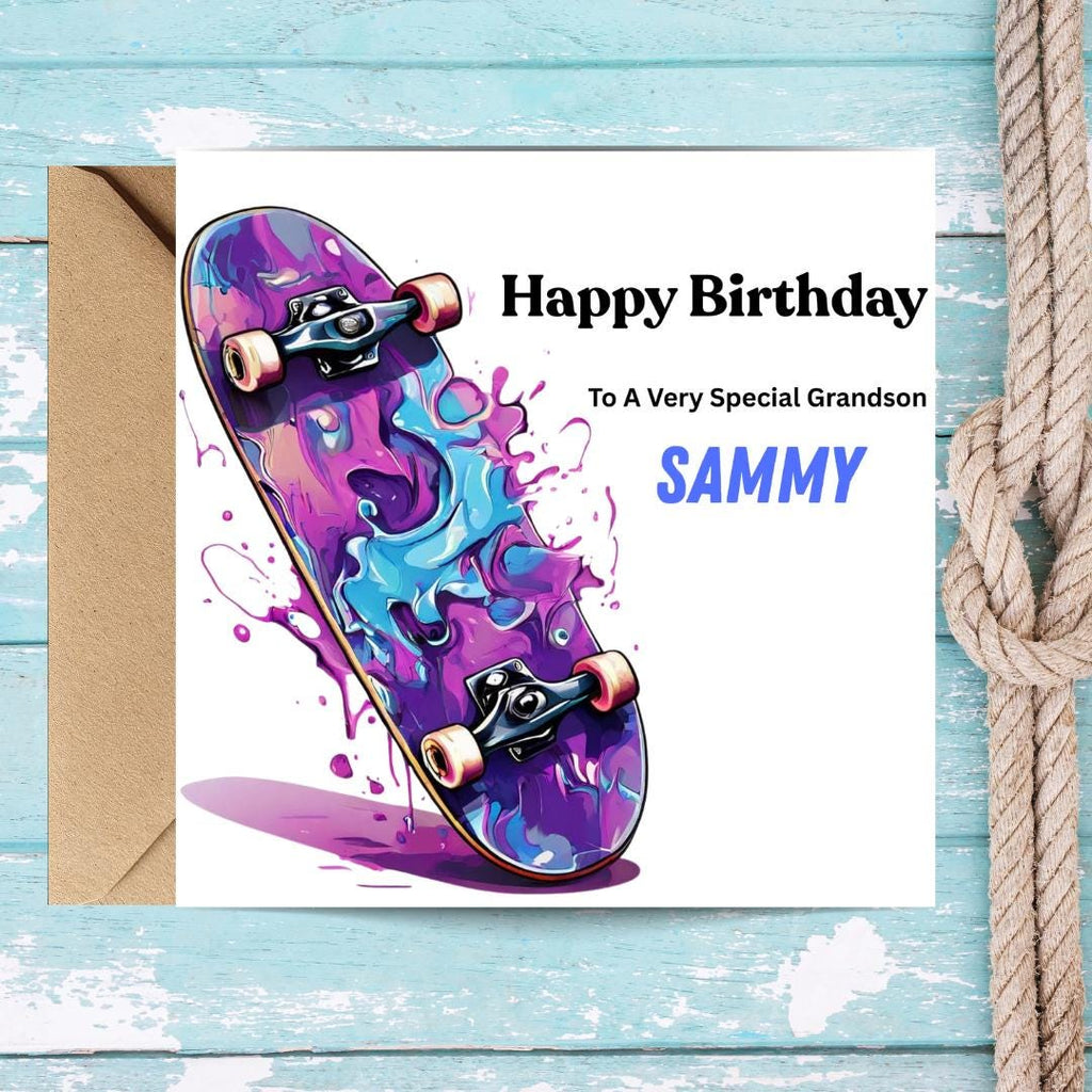 Personalized Skateboard Birthday Card, Custom Name, Watercolor Art, Teen Skater Gift
