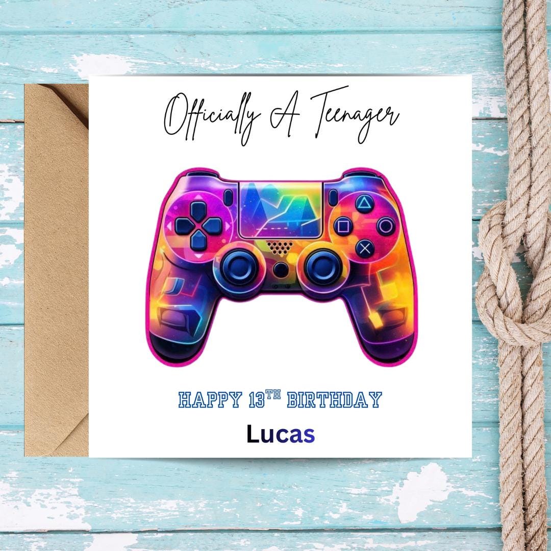 Gaming 13th Birthday Card Personalised, Officially A Teenager Gamer Cards, Custom Name Teen Boy Birthday