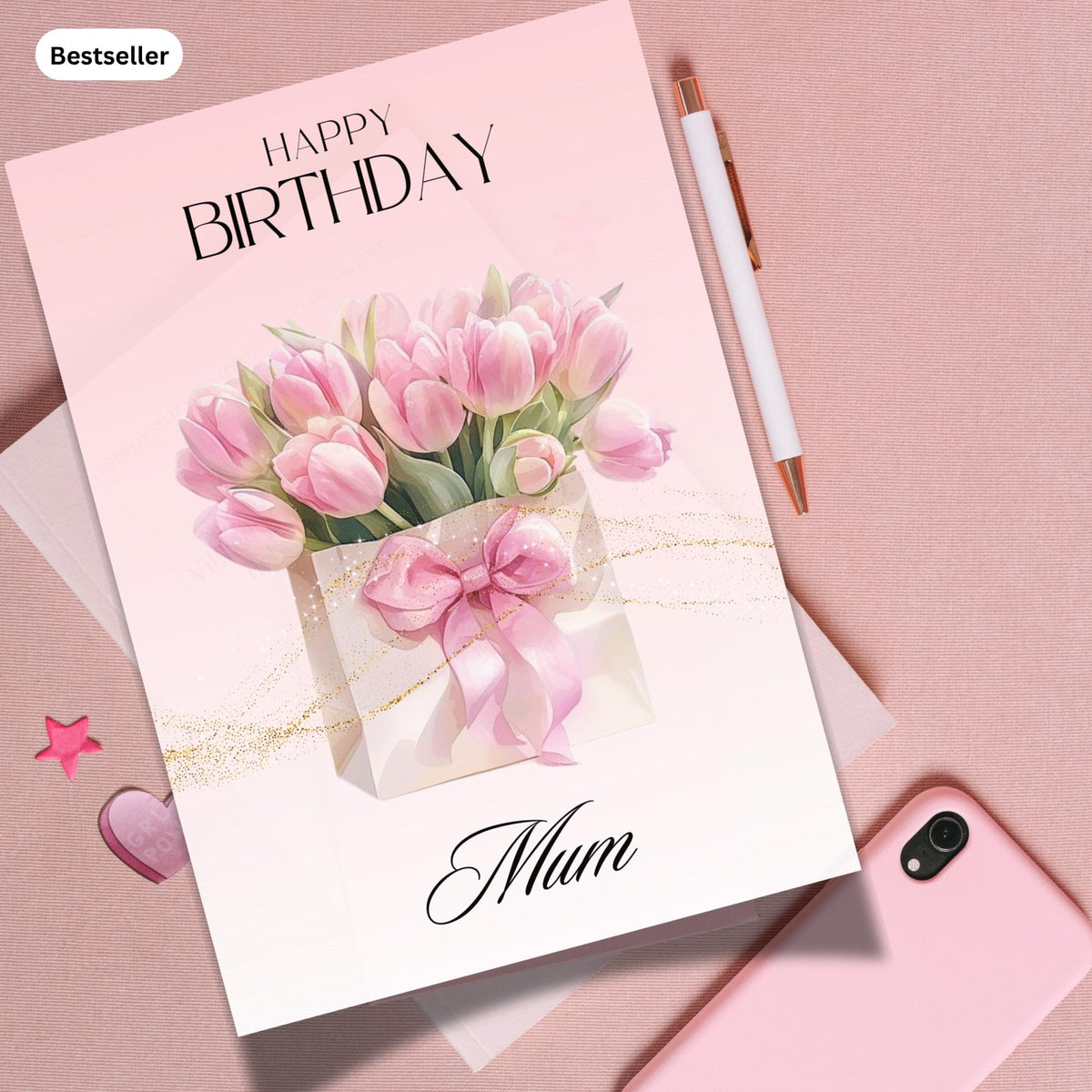 Personalized Floral Pink Tulips Birthday Card For Mum, Elegant Mothers Birthday Gift