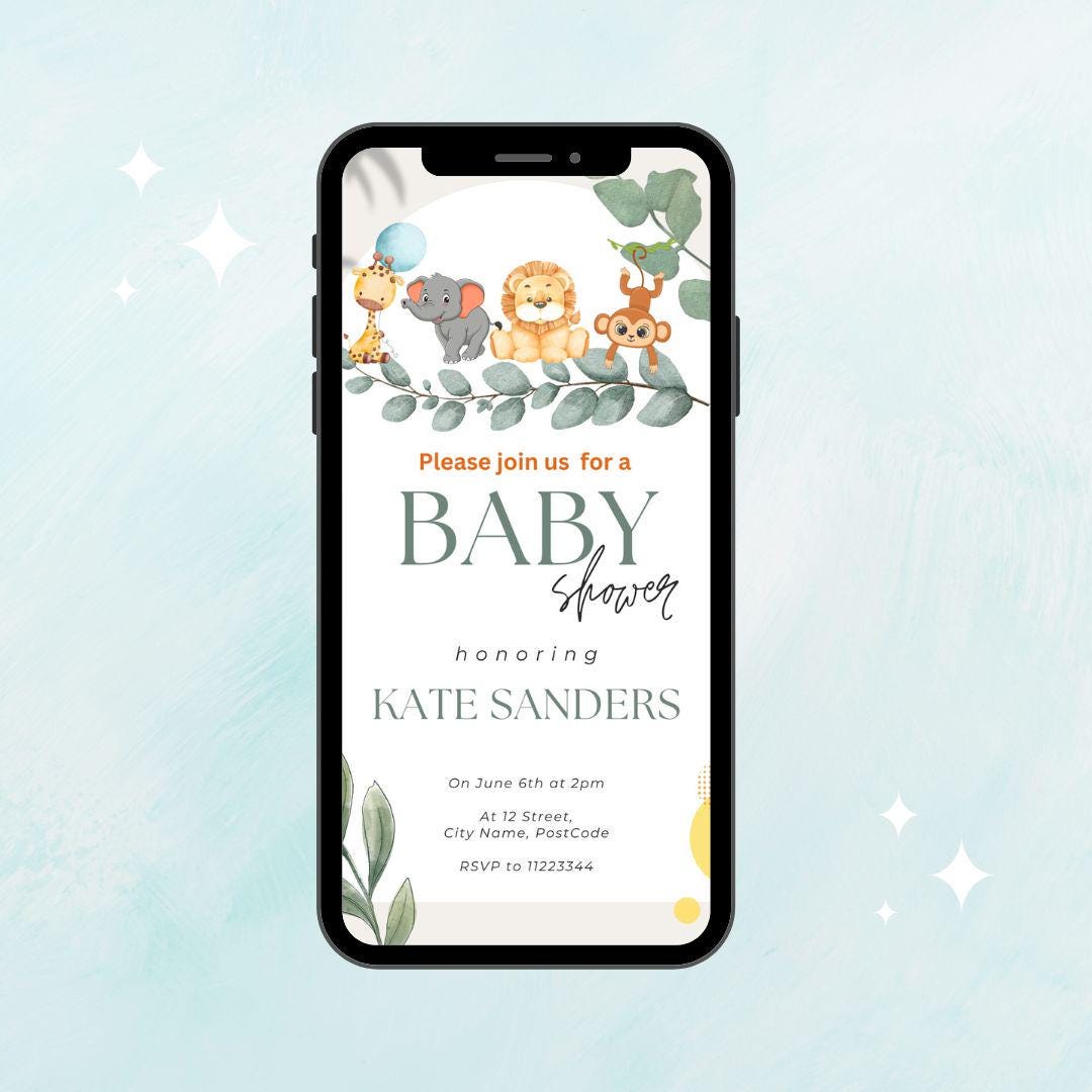 Baby Shower Invitation Template, Jungle Safari Baby Animals Shower Invite, Editable Gender Neutral Baby Shower, Digital Download